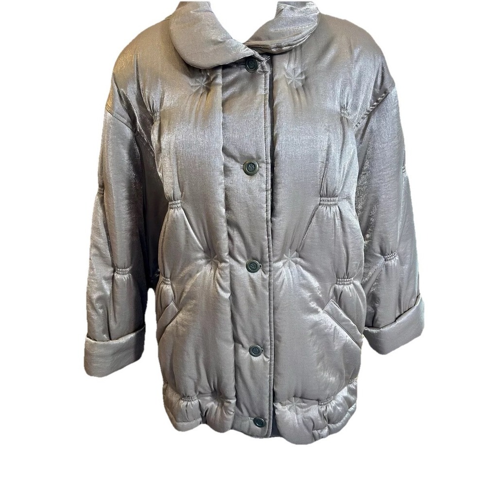 Vntg J. Gallery Puffer Coat Womens Sz M Quilted Jacket Shiny Metallic Gold